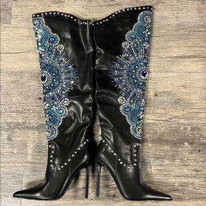 AZALEA WANG Black Leather Embellished Thigh High Boots